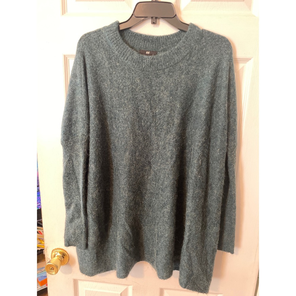 HM Oversized Knit Sweater Teal Green Fuzzy Crewneck Pullover XS S